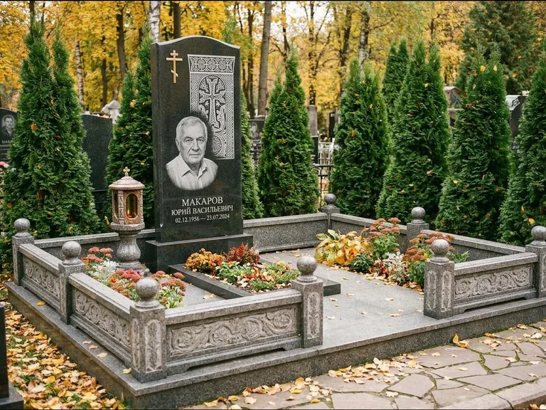 Памятник из чёрного гранита — стела с крестом и лампадой с армянским хачкаром, работа «Гущин» в Самаре