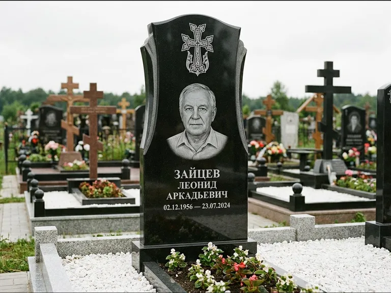Памятник из чёрного гранита — семейная стела на двоих с армянским хачкаром, работа «Журавлёв» в Самаре