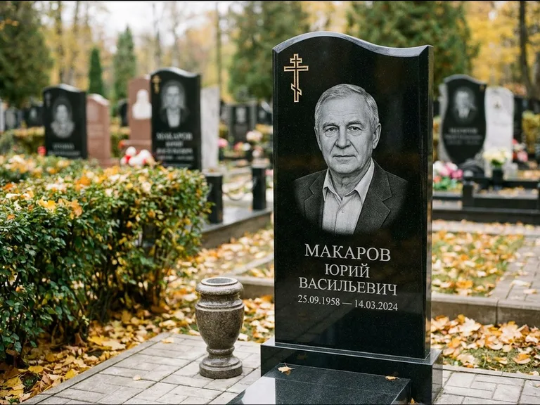 Памятник из чёрного гранита — фигурная стела с киот-нишей с процветшим крестом с виноградной лозой, работа «Богданов» в Самаре