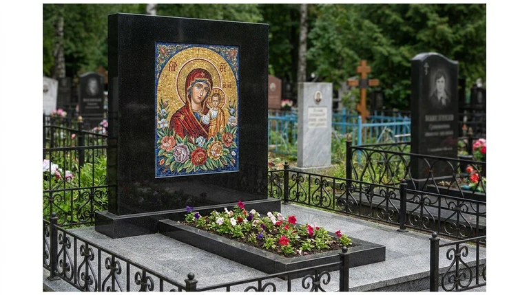 Мозаика на памятник в Самаре — цветное панно из смальты на чёрной гранитной стеле