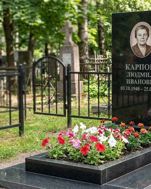 Памятник под ключ с низкой оградой и цветником в Самаре