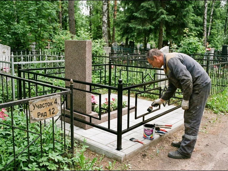 Покраска оградки на кладбище в Самаре — мастер красит металлическую ограду на могиле чёрной эмалью