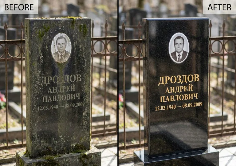 Чистка и полировка гранитного памятника: до и после в Самаре