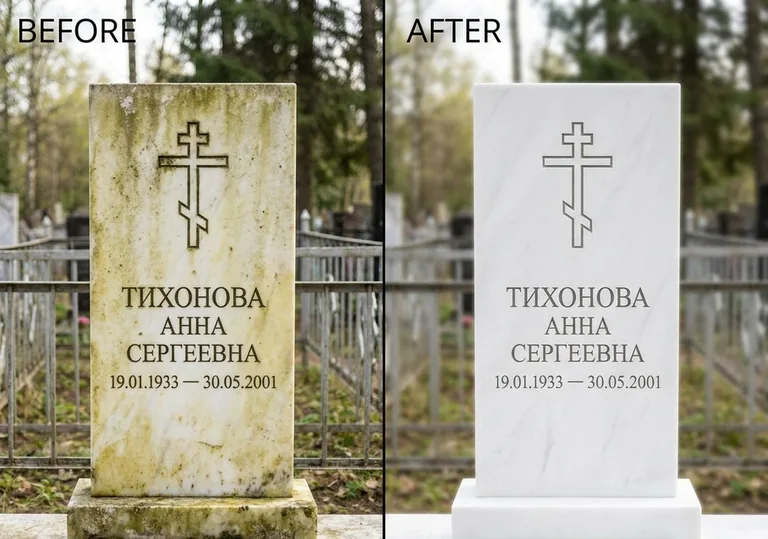 Восстановление мраморного надгробия от желтизны: до и после в Самаре