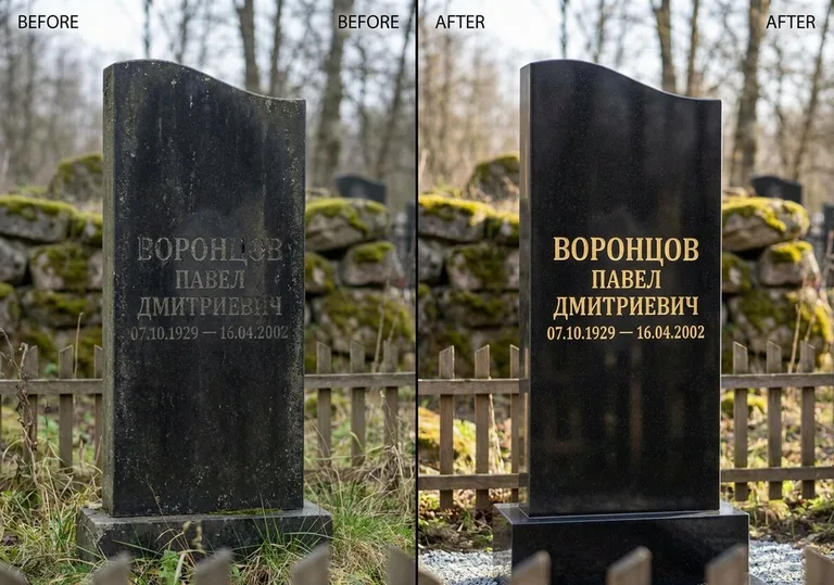 Золочение и обновление надписей на памятнике: до и после в Самаре