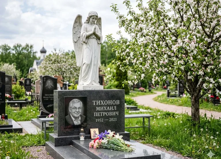 Мраморный молящийся ангел на гранитном памятнике весной в Самаре
