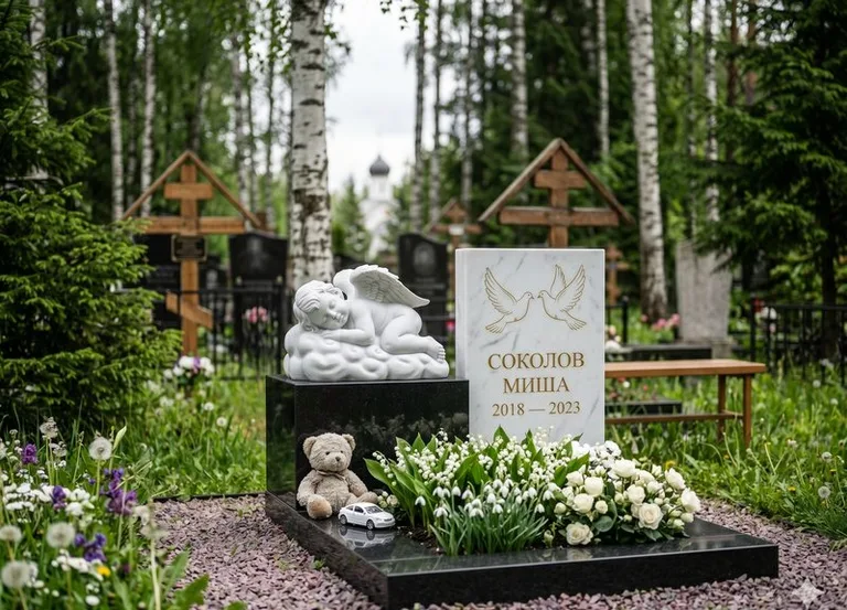 Белый ангелочек на детском памятнике в Самаре
