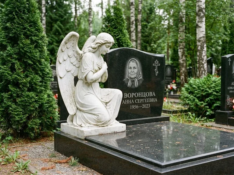 Белый мраморный ангел на гранитном памятнике в Самаре