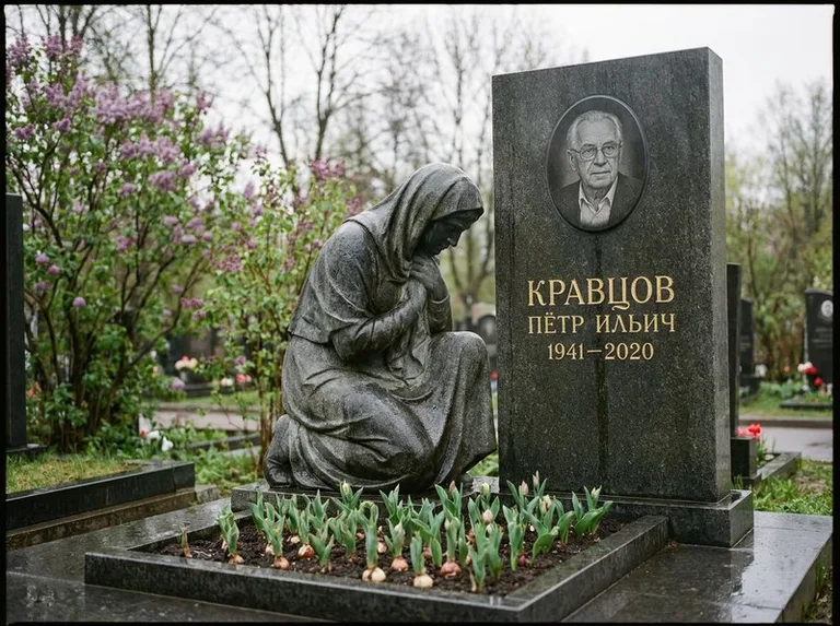 Гранитная скорбящая фигура у стелы на кладбище в Самаре