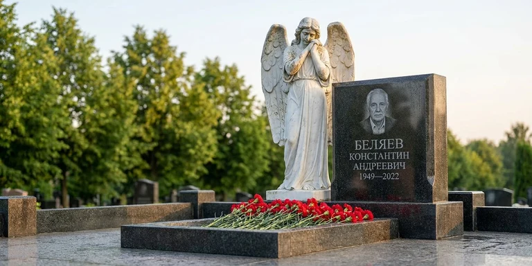 Скульптура на памятник в Самаре — мраморный ангел на гранитном мемориале