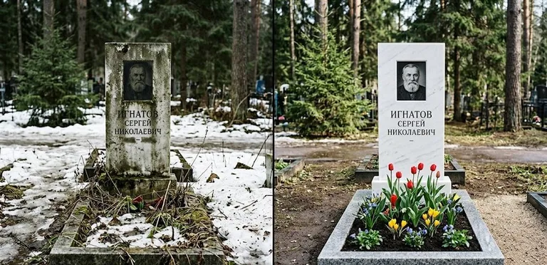 Диптих №6: высадка хризантем у подножия серого гранита — до и после уборки в Самаре