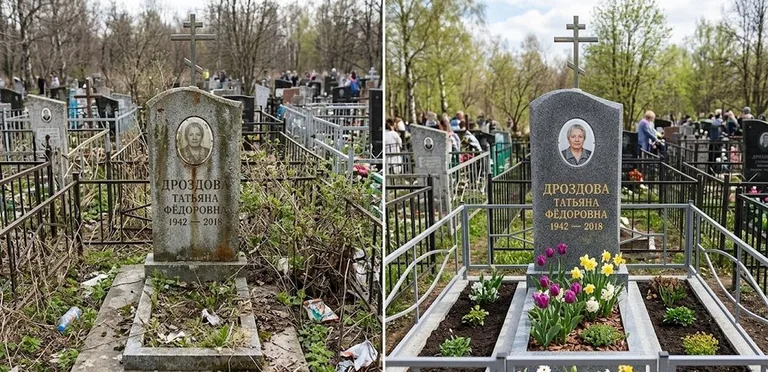 Диптих №4: свежепокрашенная серебром оградка и отмытый красный гранит — до и после в Самаре