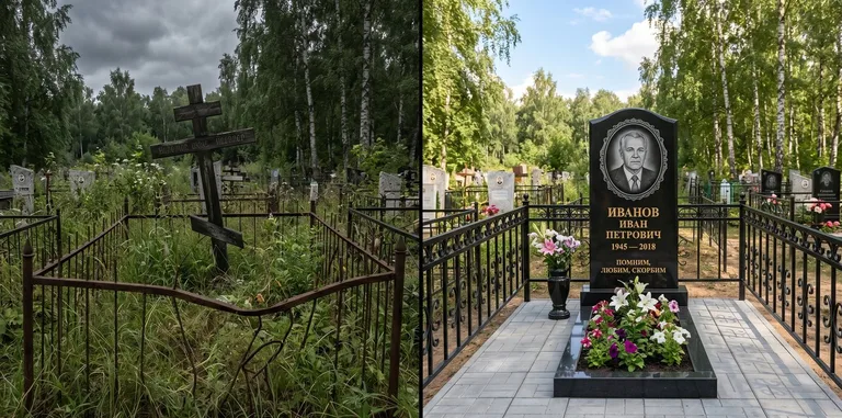 Благоустройство могилы до и после установки памятника в Самаре