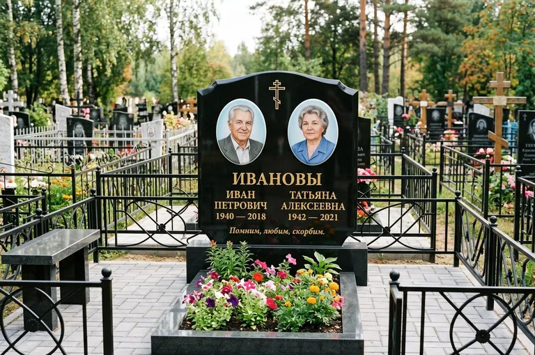Установка памятника на бетонное основание с цоколем и цветником в Самаре