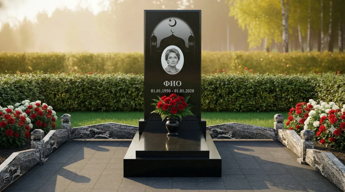 Памятник маме из чёрного гранита, вертикальная стела с овальным портретом, гравировкой мечети и полумесяца, цветником и красными розами Памятник маме из чёрного гранита, вертикальная стела с овальным портретом, гравировкой мечети и полумесяца, цветником и красными розами