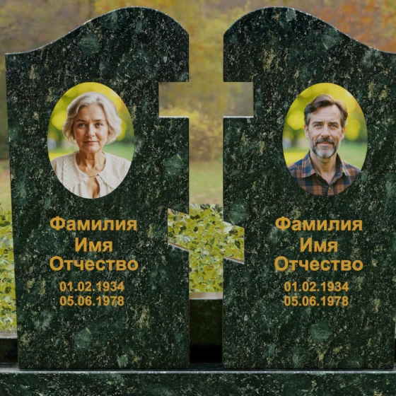 Двойной гранитный памятник-пазл с волной, гранит Балтик грин