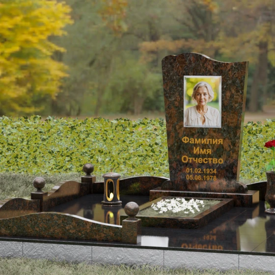 Гранитный мемориал с волнообразным верхом и цоколем, гранит Дымовский, вид 4