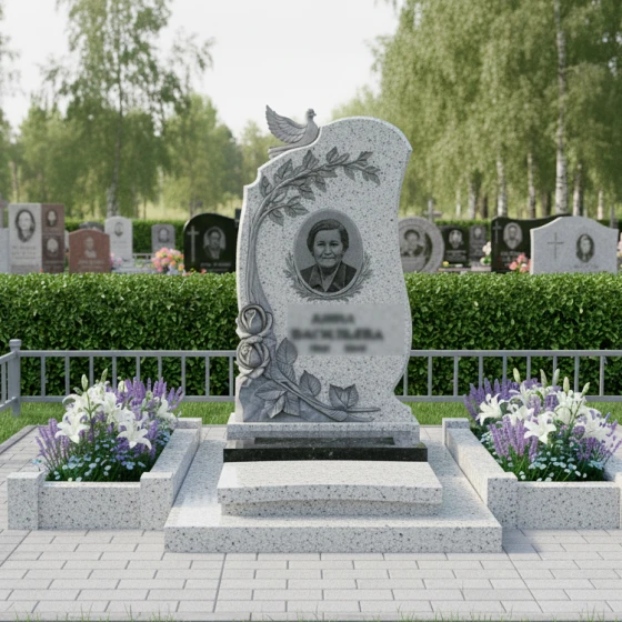 Гранитный памятник «Умиротворение» с голубем и розами, гранит Мансуровский