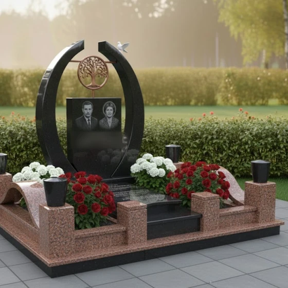 Мемориал с арками, Древом Жизни и голубем, гранит Габбро-диабаз