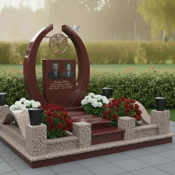 Мемориал с арками, Древом Жизни и голубем, гранит Лезниковский