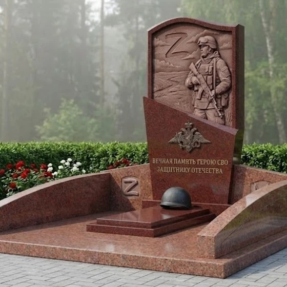 Гранитный памятник воину СВО с барельефом, гранит Лезниковский