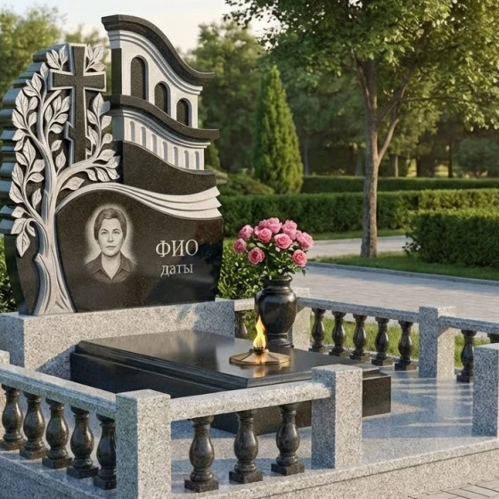 Православный гранитный памятник с деревом и крестом, гранит Габбро-диабаз