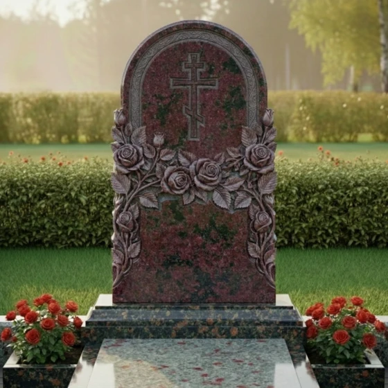 Гранитный памятник-арка с розами и крестом, гранит амфиболит