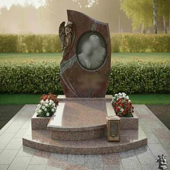 Памятник с барельефом ангела и цветниками, гранит Лезниковский
