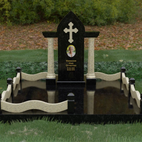 Вертикальный элитный гранитный памятник-часовня с колоннами и рельефным крестом, гранит Габбро-диабаз