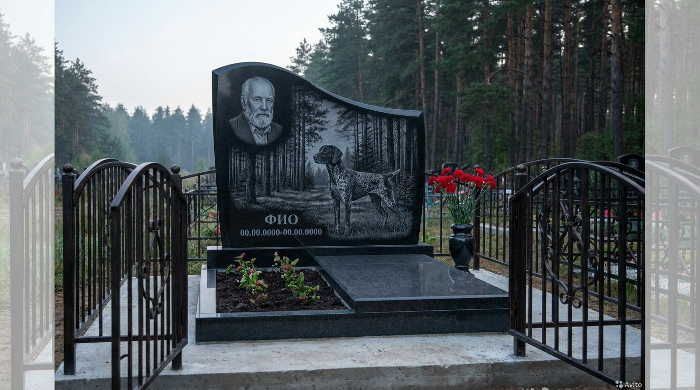 Пример дизайна: Гранитный памятник охотнику арочной формы с ружьём и собакой