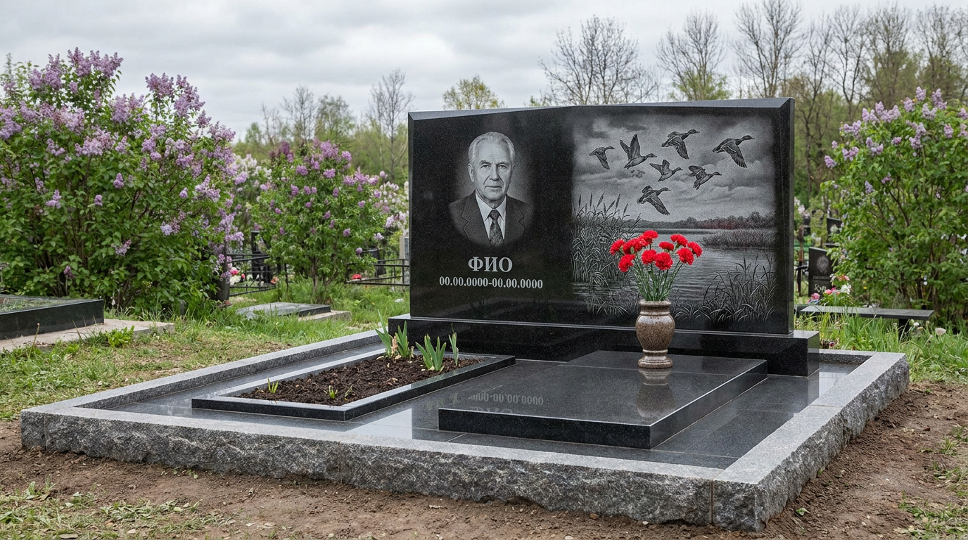 Пример дизайна: Гранитный памятник охотнику в виде глыбы с гравировкой дичи