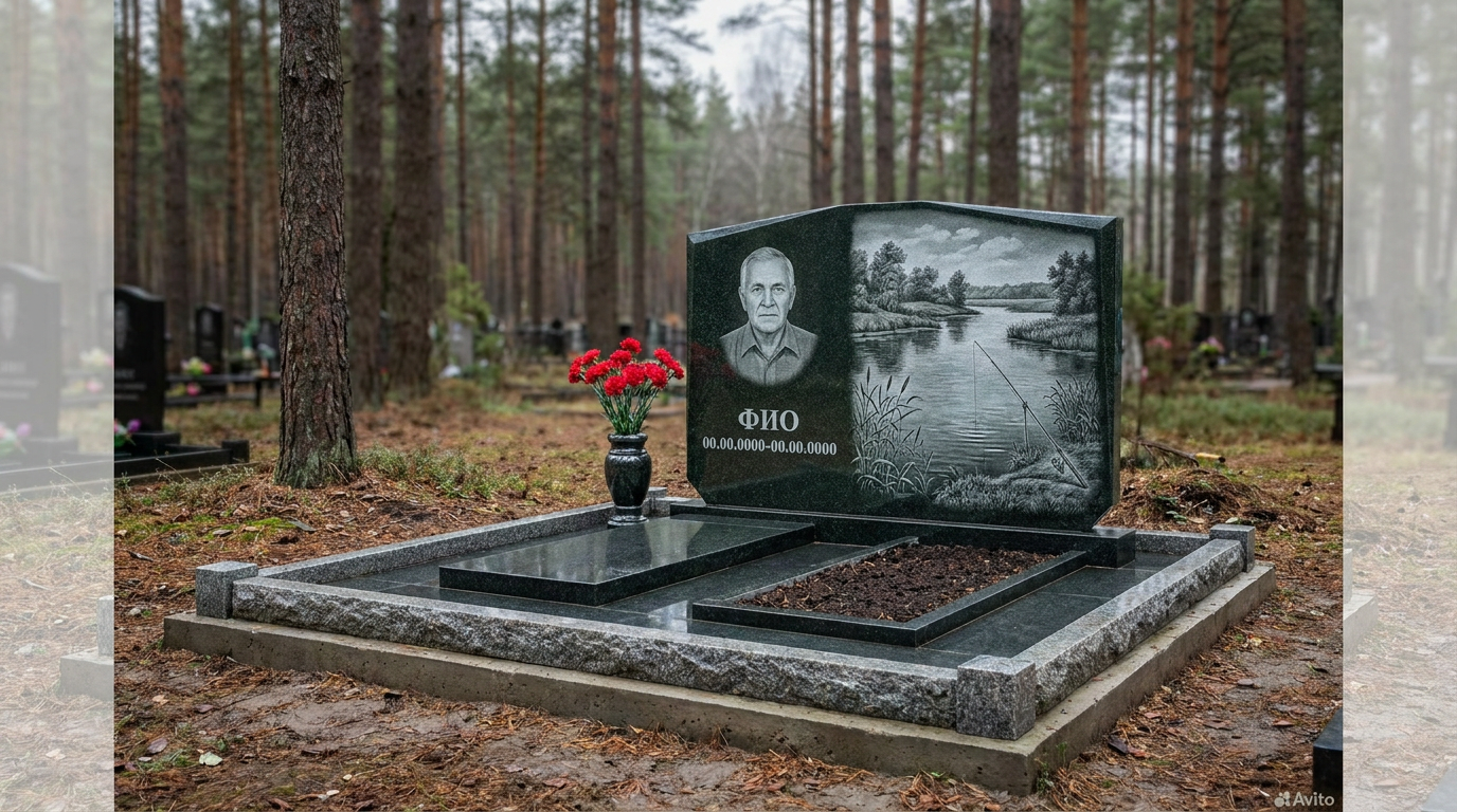 Пример дизайна: Гранитный памятник рыбаку в виде скалы со щукой