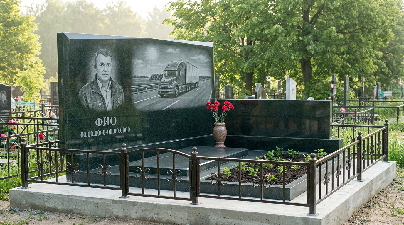 Пример дизайна: Гранитный памятник дальнобойщику с магистральным тягачом