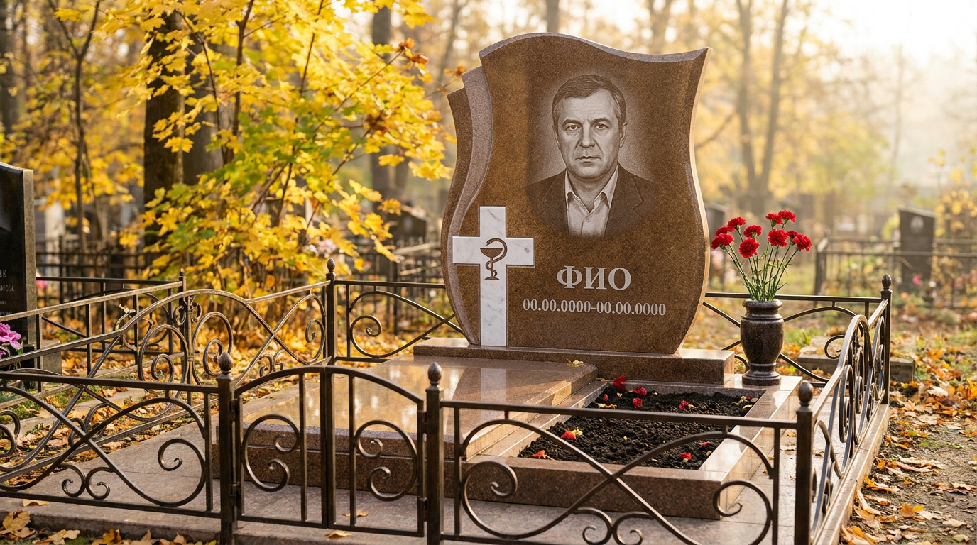 Пример дизайна: Гранитный памятник врачу с эмблемой врача