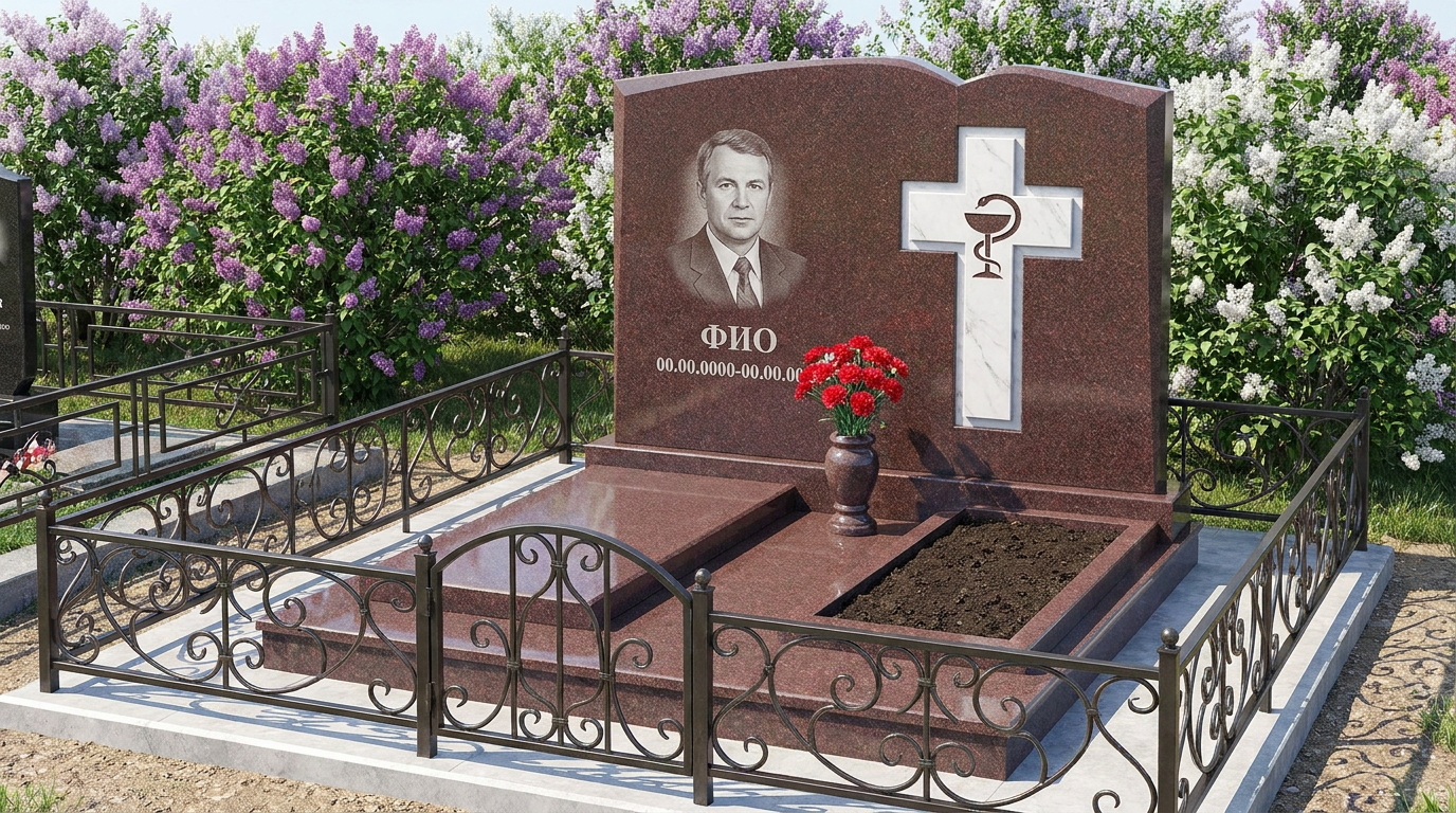 Пример дизайна: Гранитный памятник врачу с аркой с эмблемой врача