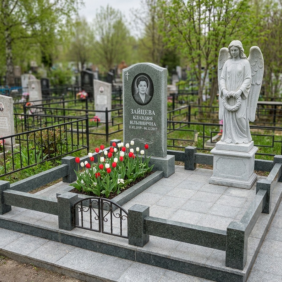 Пример дизайна: Памятник с ангелом из серо-зеленого гранита — фото и цена