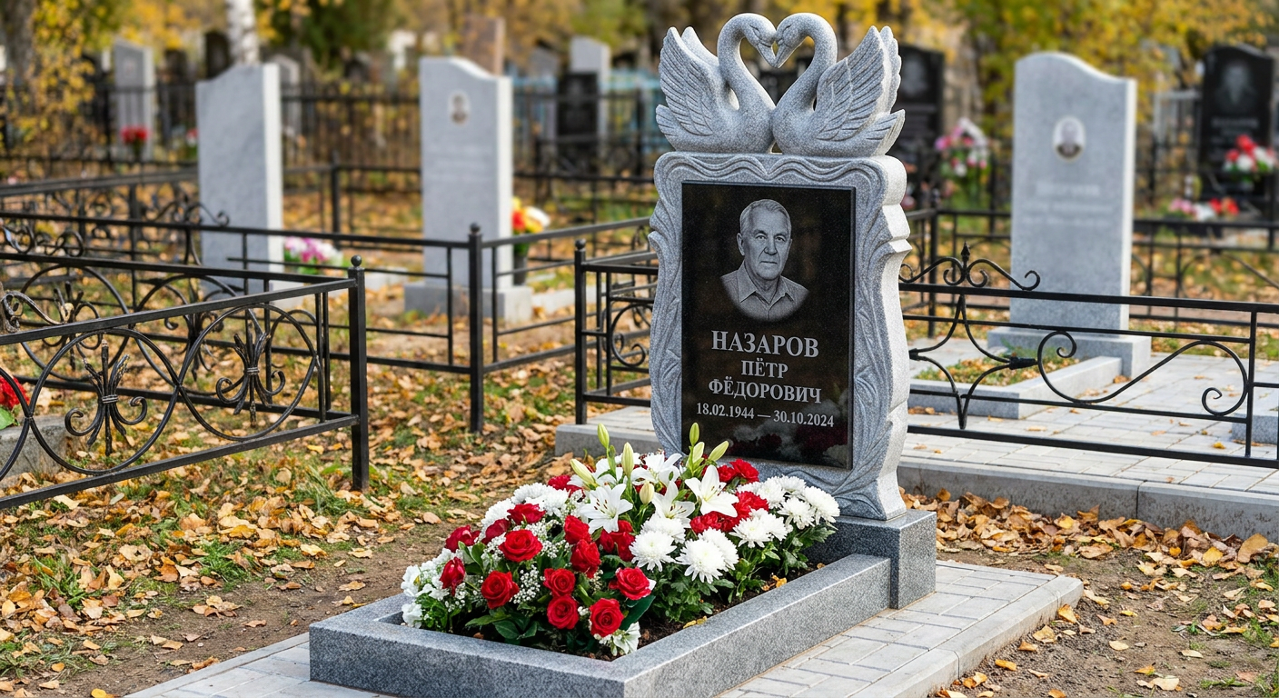 Пример дизайна: Мемориал с лебедями и сердцем из мансуровского гранита