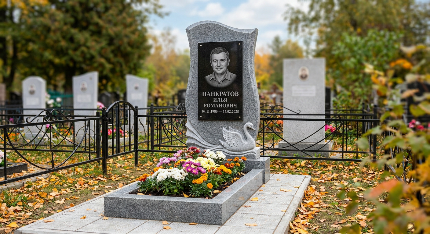 Пример дизайна: Мемориал с лебедем на волне из серого гранита