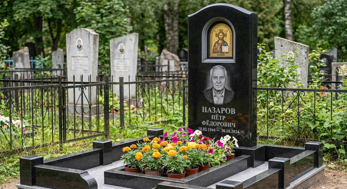 Пример дизайна: Мемориал с иконой Христа из черного габбро-диабаза