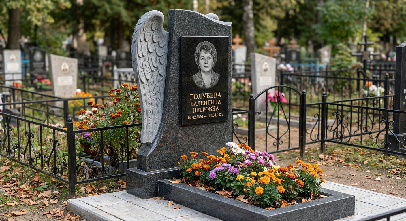 Пример дизайна: Памятник с крылом ангела из мансуровского гранита