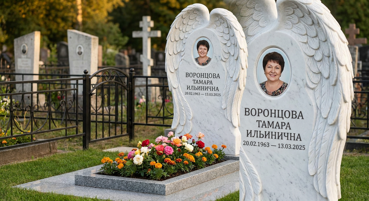 Пример дизайна: Памятник с крылом ангела из белого мрамора с фотопортретом