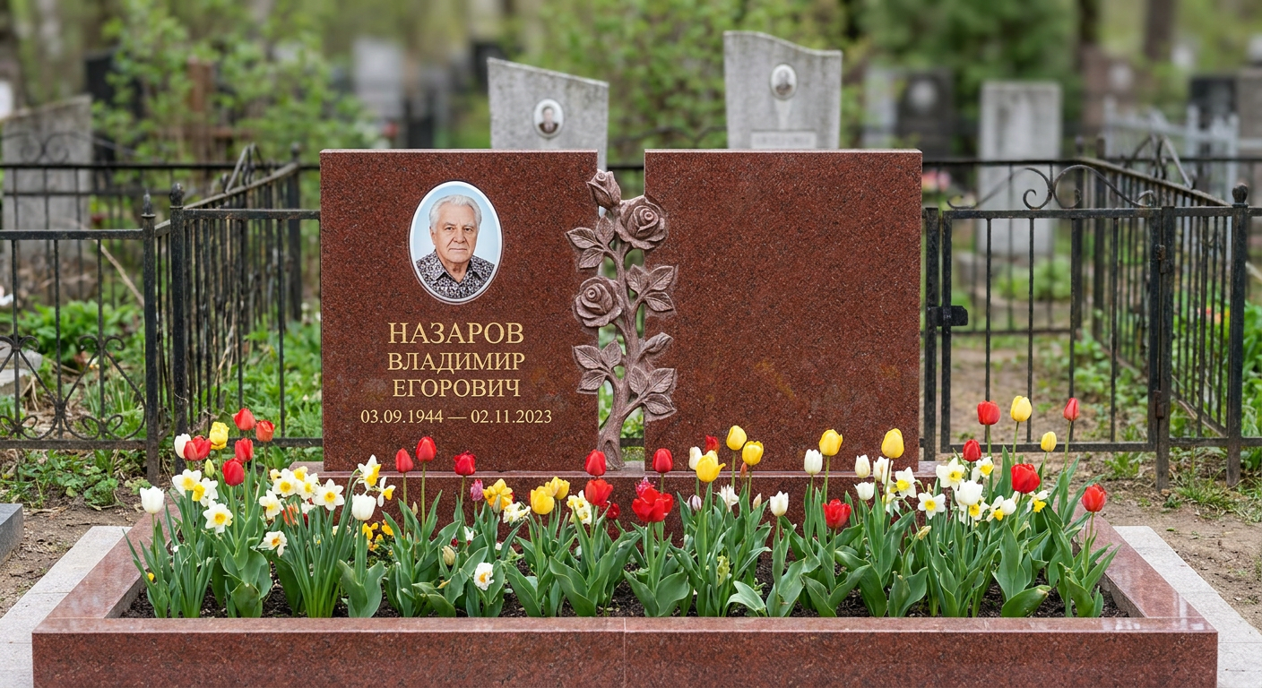 Пример дизайна: Памятник с розой из лезниковского гранита на двойной плите
