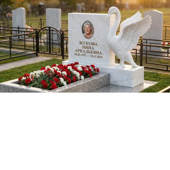 Памятник с лебедем из белого мрамора с распростертыми крыльями