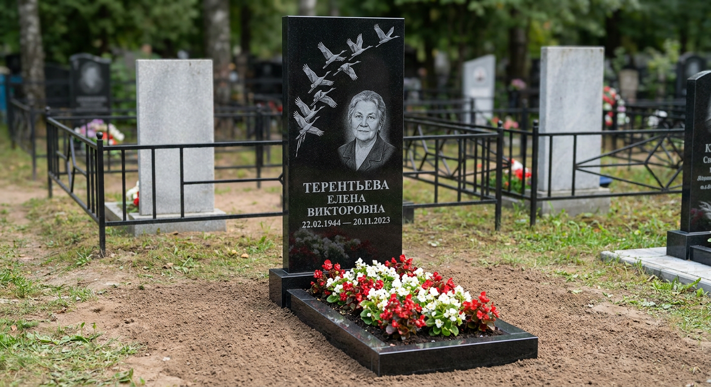 Пример дизайна: Стела с клином журавлей из черного габбро-диабаза с портретом