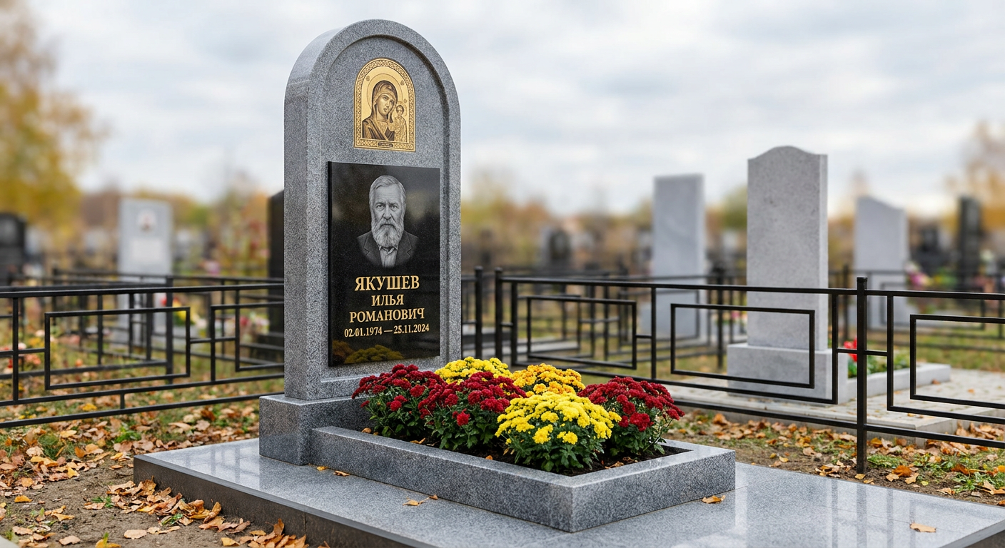 Пример дизайна: Гранитный памятник фигурный с цветником и оградой — фото и цена