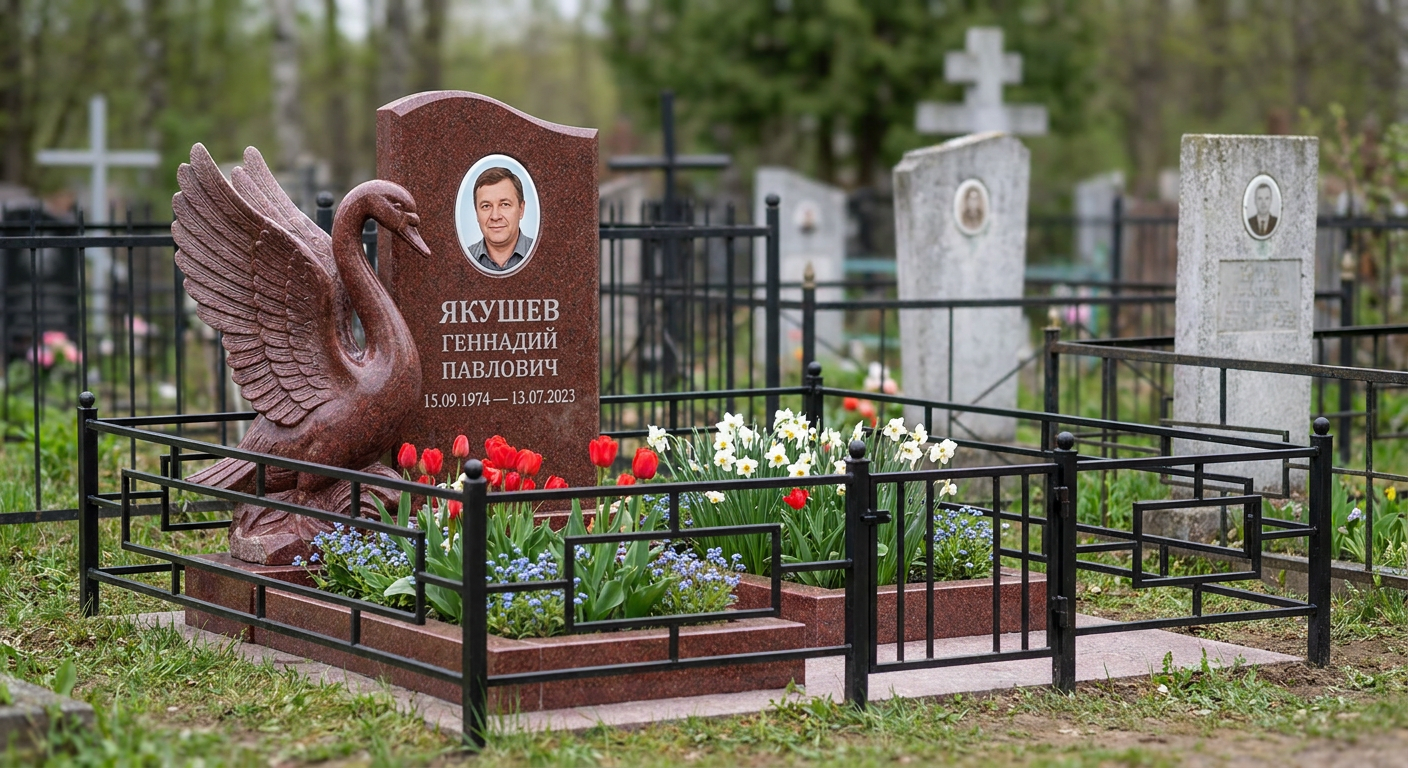 Пример дизайна: Памятник с лебедем из лезниковского гранита с распростертыми крыльями