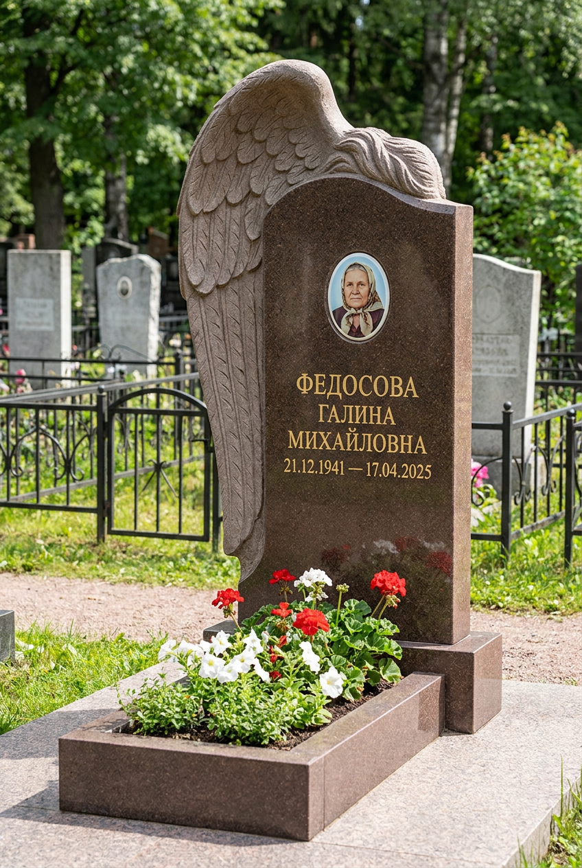 Пример дизайна: Памятник с крылом ангела из коричневого гранита Дымовский с портретом